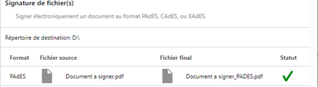 Ecran de confirmation de signatures