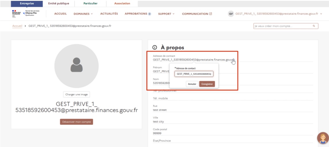 Il est important de mettre à jour l'adresse de contact de son utilisateur de test avec une adresse courriel réelle, qui permettra d'échanger avec le Support et de recevoir des notifications