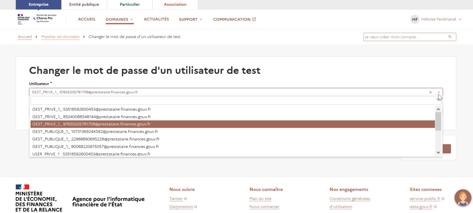 Changement de mot de passe pour un utilisateur de test (fictif) issu d'un matelas de données