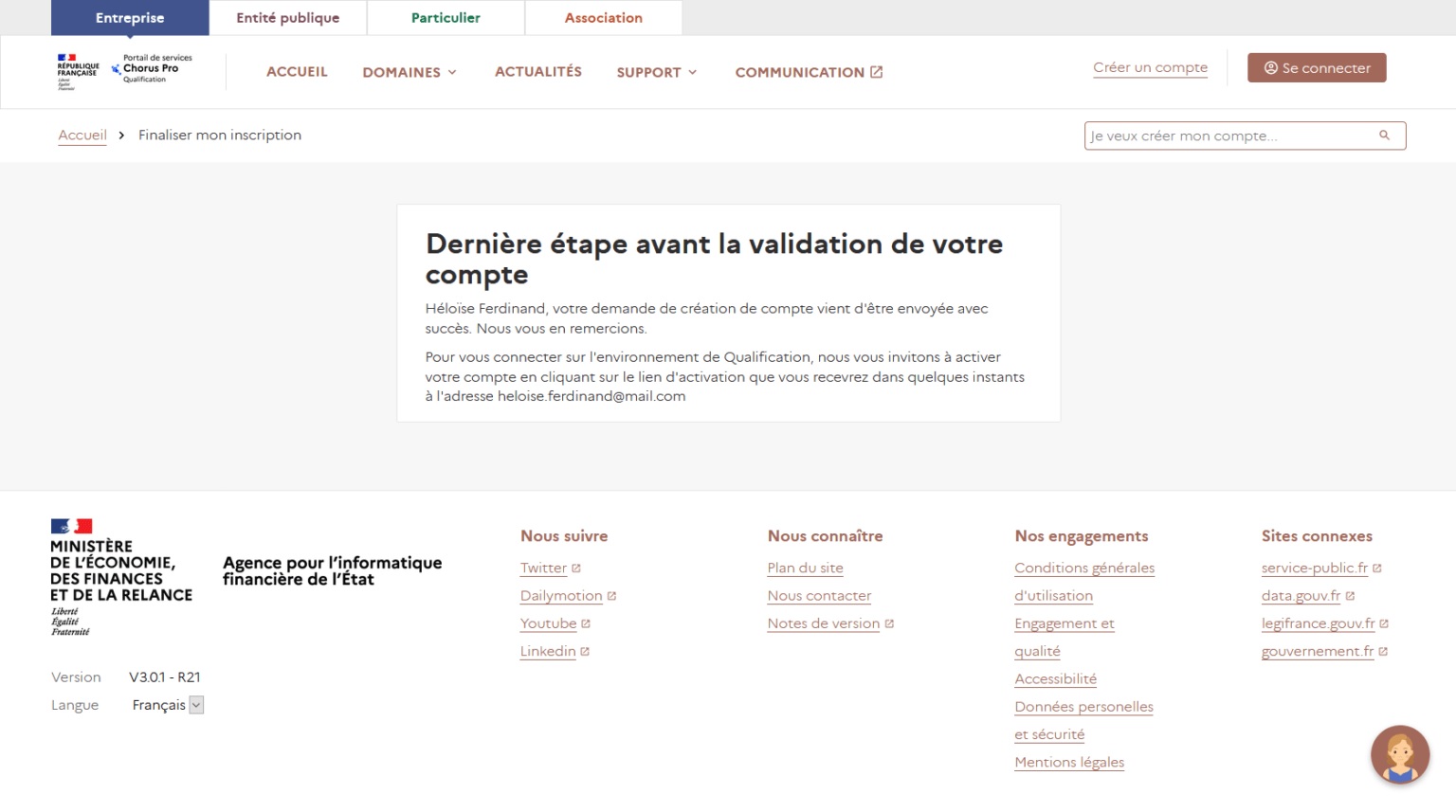Vue du message de confirmation de création de compte