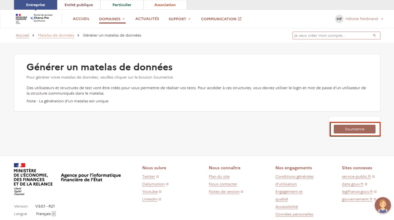 Cliquer sur le bouton soumettre pour générer votre matelas de données