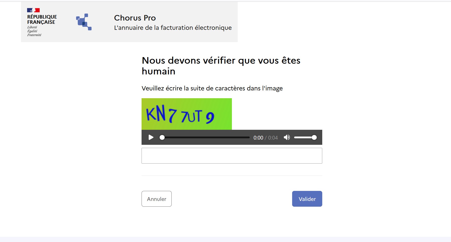 Saisie du CAPTCHA pour accéder à l'accueil de l'annuaire