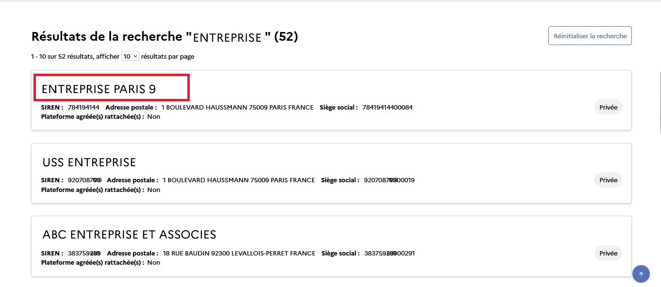 Cliquer sur le nom de l'entité dont on souhaite consulter les données pour afficher la page d'informations associées