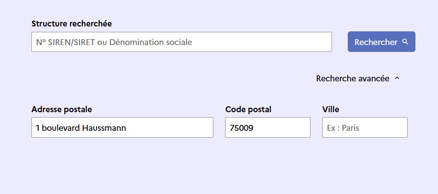 Exemple de recherche avancée par adresse et code postal