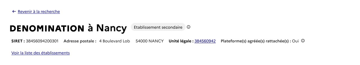 Vue d'une section d'entête de niveau établissement (SIRET)