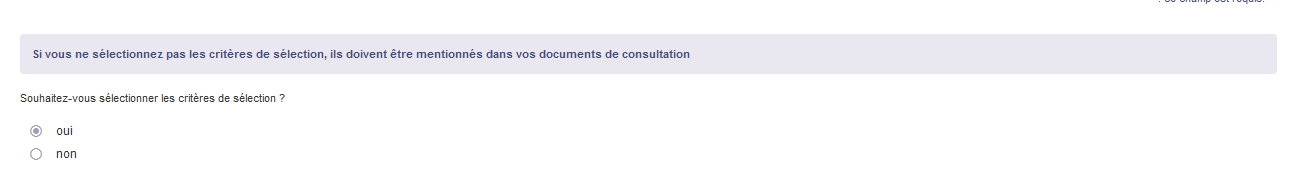 Illustration de mise en oeuvre de la coche alpha sur un DUME acheteur (application de critères de sélection)