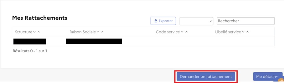 Ecran Mes Rattachements : cliquer sur le bouton demander un rattachement pour solliciter un nouveau rattachement