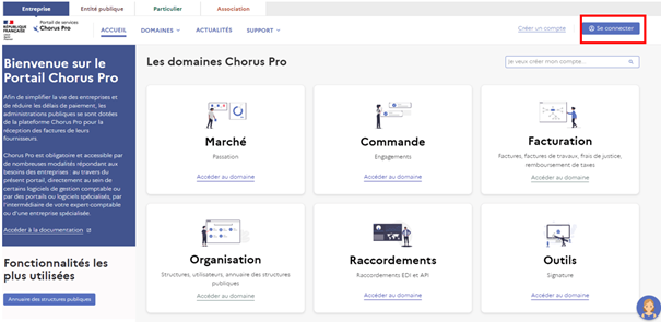 Cliquer sur le bouton se connecter depuis la page d'accueil de Chorus Pro