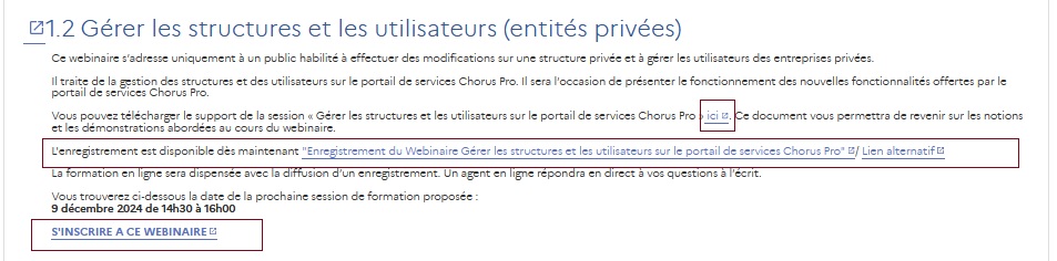 Vue d'une formation du catalogue de formations faisant apparaitre en encadré les liens cliquables permettant de télécharger le support de formation, de visualiser un enregistrement vidéo et de s'inscrire