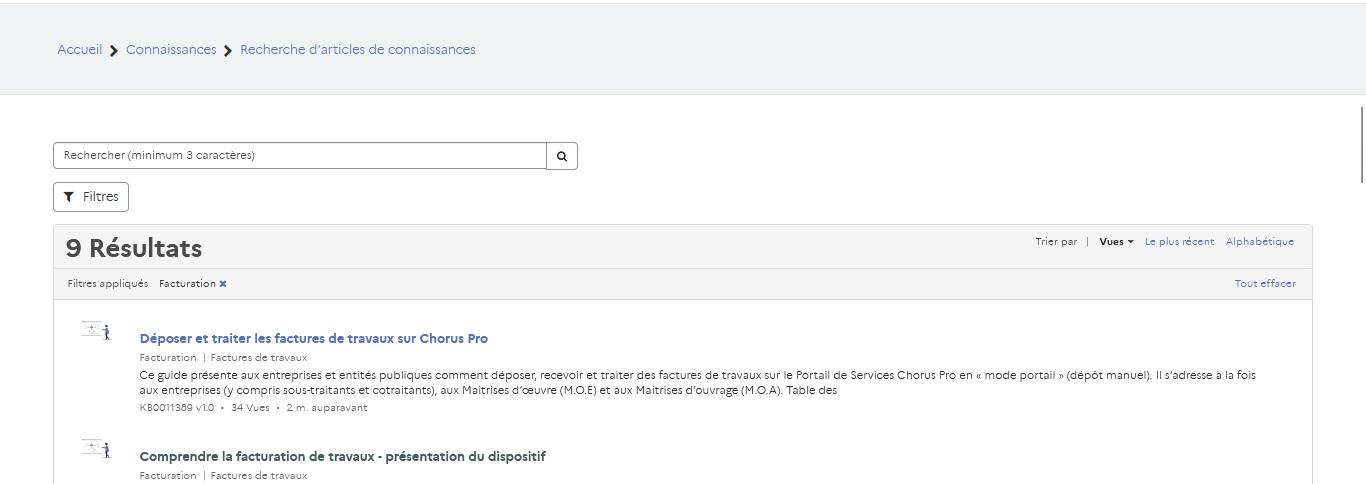Vue d'une section documentaire (celle dédiée au domaine facturation, dans l'exemple)