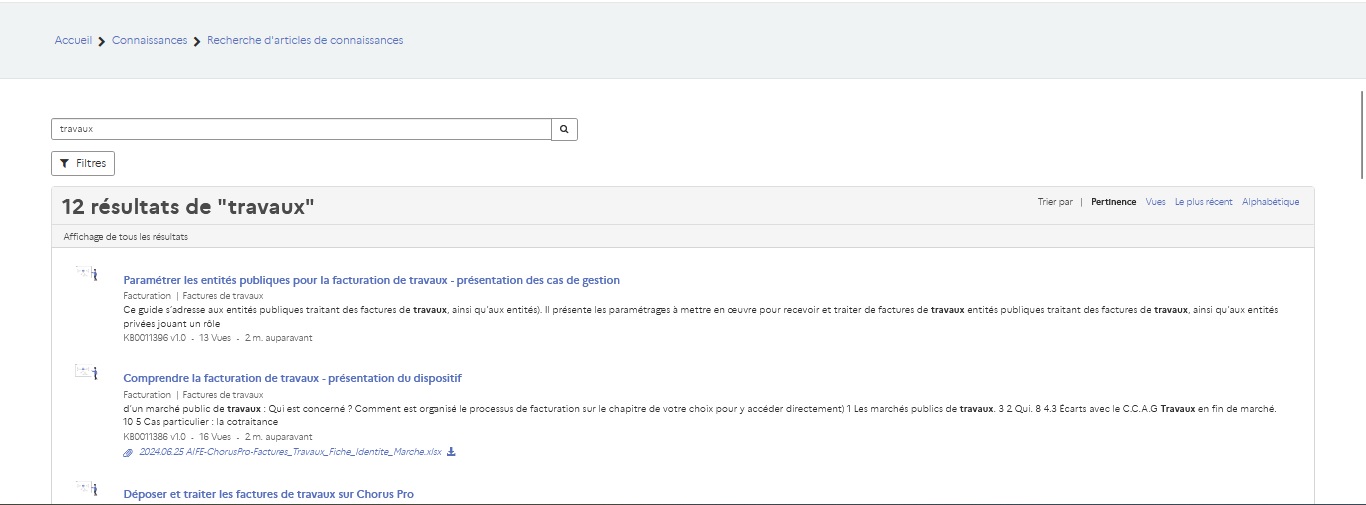 Vue des résultats d'une recherche textuelle sur les travaux