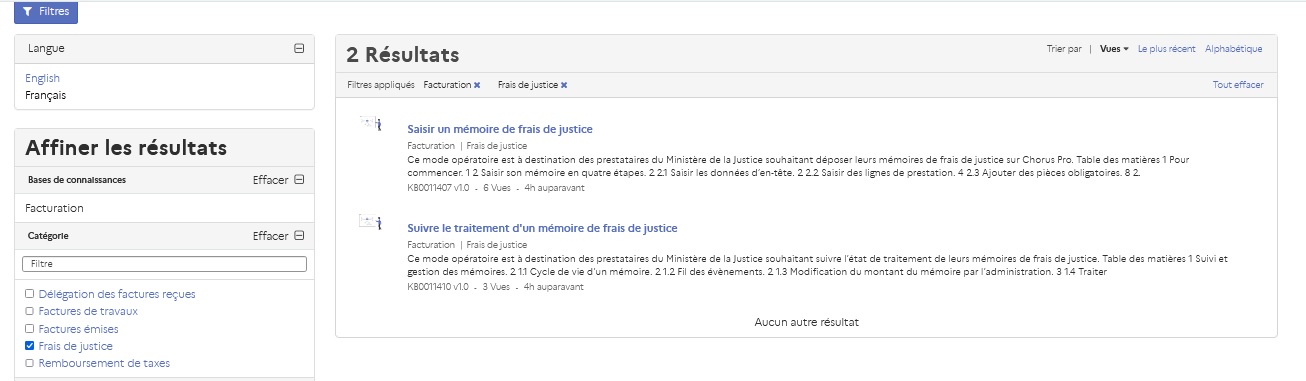 Vue des résultats d'un filtrage