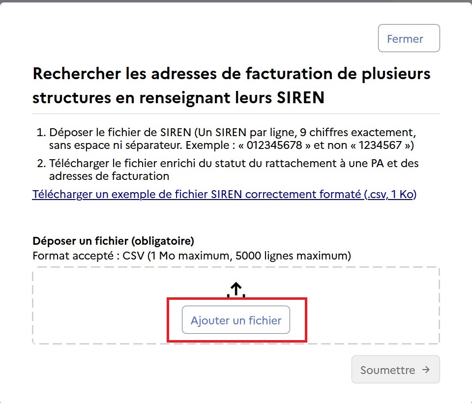 Dépôt du fichier texte de recherche (la liste des SIREN à rechercher)